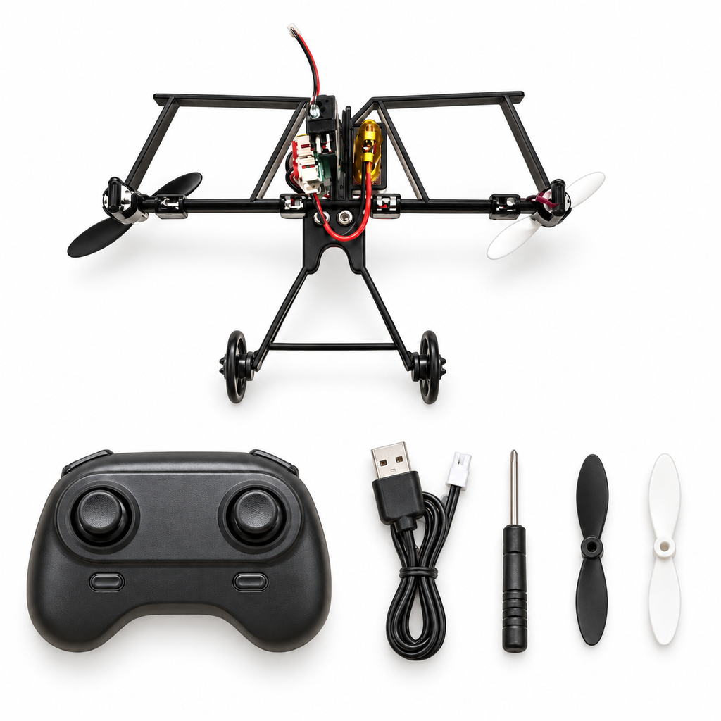 Motor kit with remote, installed flight battery, charger, screwdriver and spare propellers