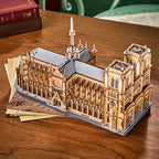 Gothic Notre-Dame wooden puzzle showing bell towers and intricate architectural details