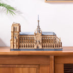 Wooden puzzle kit for assembling a three-dimensional Notre-Dame Cathedral model