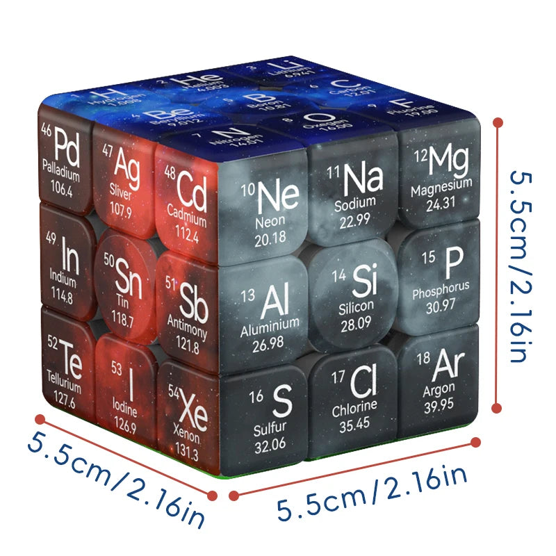 Donkere 3x3 puzzelkubus ZNX408 met het periodiek systeem, chemische symbolen, elementnamen en een maat van 5,5 cm