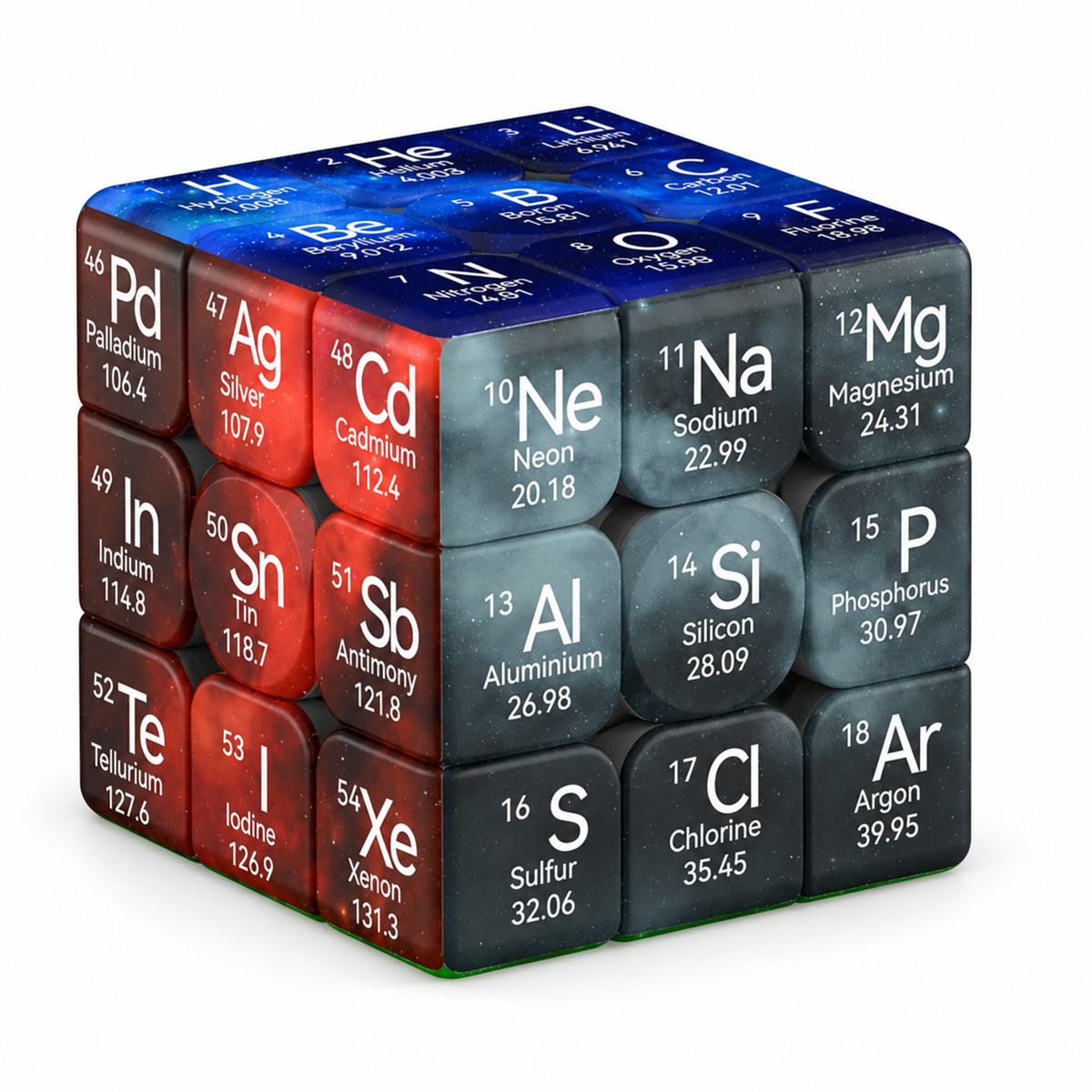 Dark periodic table 3x3 puzzle cube with chemical element symbols on blue, red and charcoal faces — Gearfinch