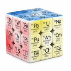 Light periodic table 3x3 puzzle cube with chemical element symbols on blue, pink and yellow faces