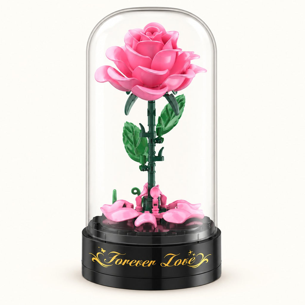 Rosa Rose zum Bauen unter der transparenten Haube auf dem schwarzen Forever Love Spieluhrsockel