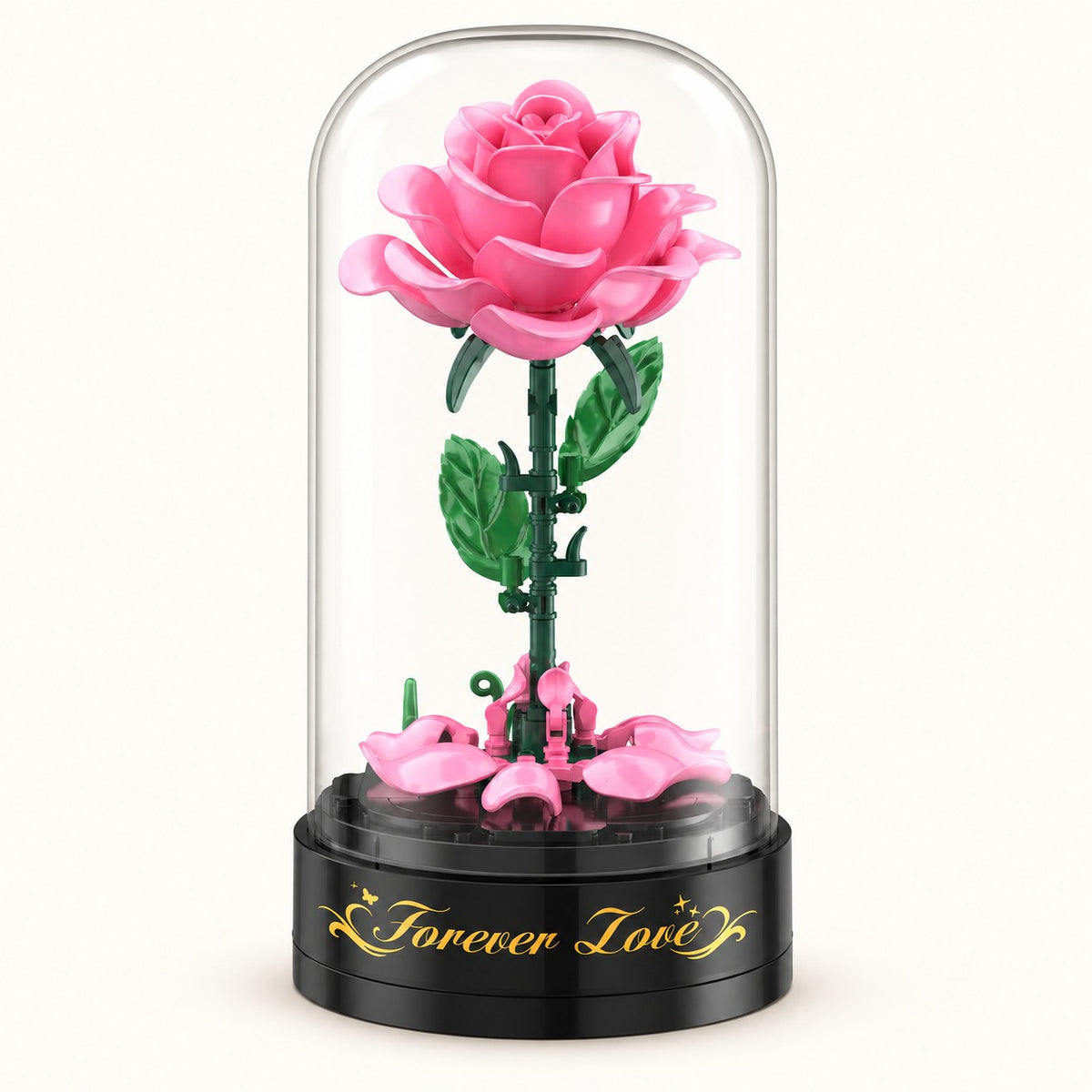 Rosa Rose zum Bauen unter der transparenten Haube auf dem schwarzen Forever Love Spieluhrsockel — Gearfinch