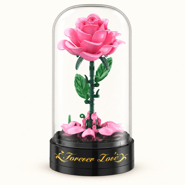 Pink rose building set under its clear dome on the black Forever Love music box base — Gearfinch