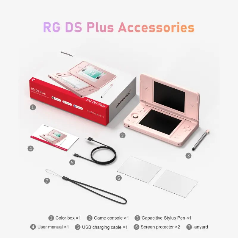 Coral Pink handheld with charging cable, stylus, lanyard and screen protectors