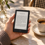Kleiner schwarzer E-Reader, der in einer Hand neben einer Kaffeetasse gehalten wird