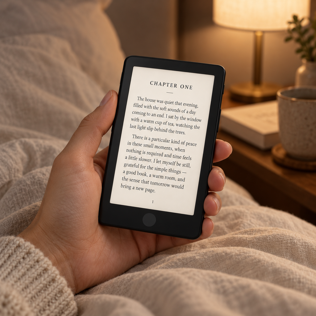 Taschen-E-Reader mit seinem Leselicht in einem geduchten Schlafzimmer
