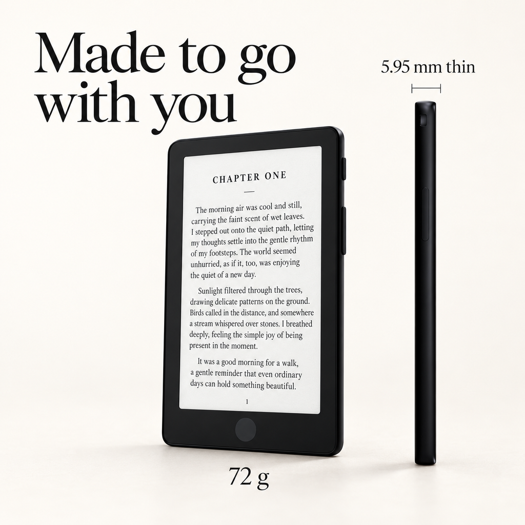 Vorder- und Seitenansicht eines E-Readers mit einem Taschengewicht von 72 g und einer Dicke von 5,95 mm