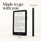 Vorder- und Seitenansicht eines E-Readers mit einem Taschengewicht von 72 g und einer Dicke von 5,95 mm