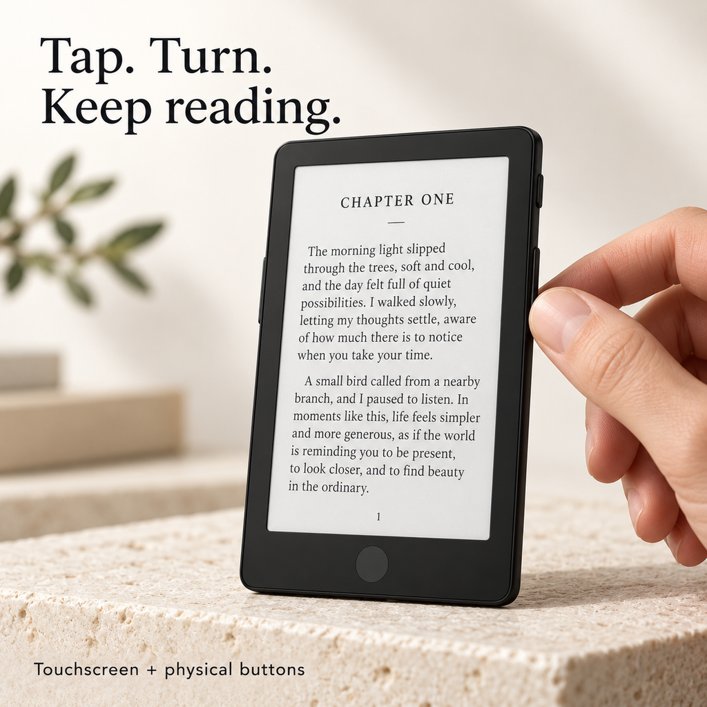 Nahaufnahme des Touchscreens des E-Readers und der physischen Seitenschaltflächen