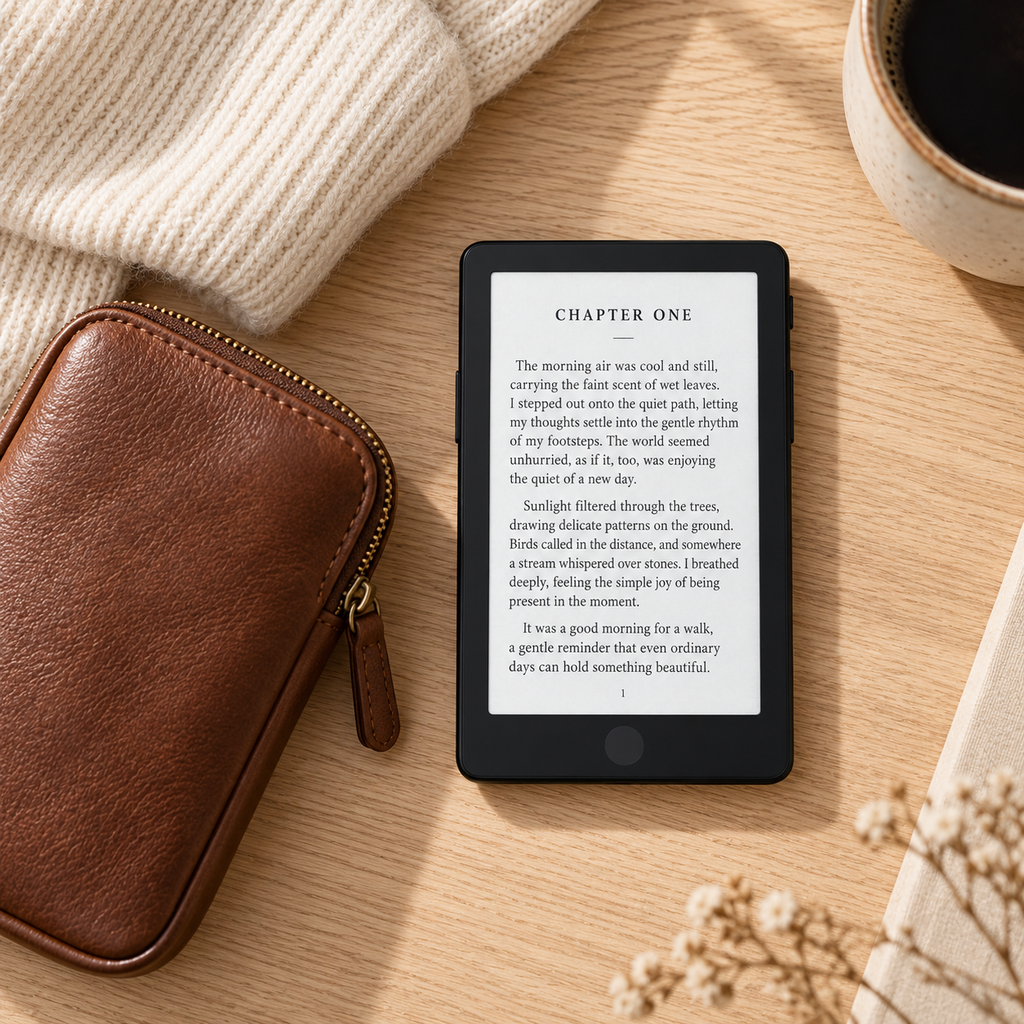 Schwarzer Mini-E-Reader neben einer Reisetasche und gefalteten Strickwaren