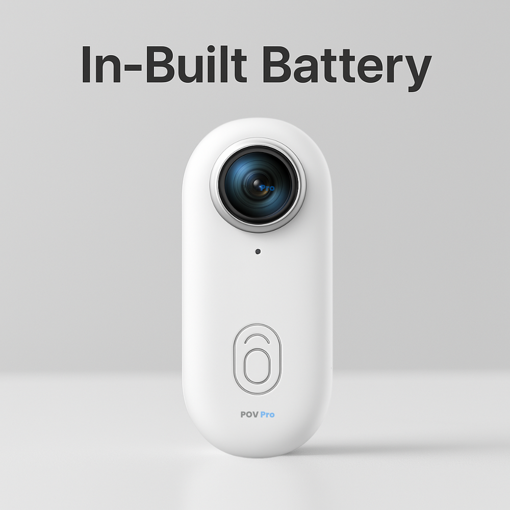 White POV Pro camera with a caption identifying its built-in battery