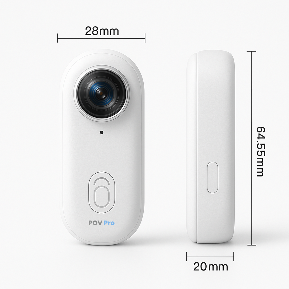 POV Pro wearable camera front and side views with dimensions marked