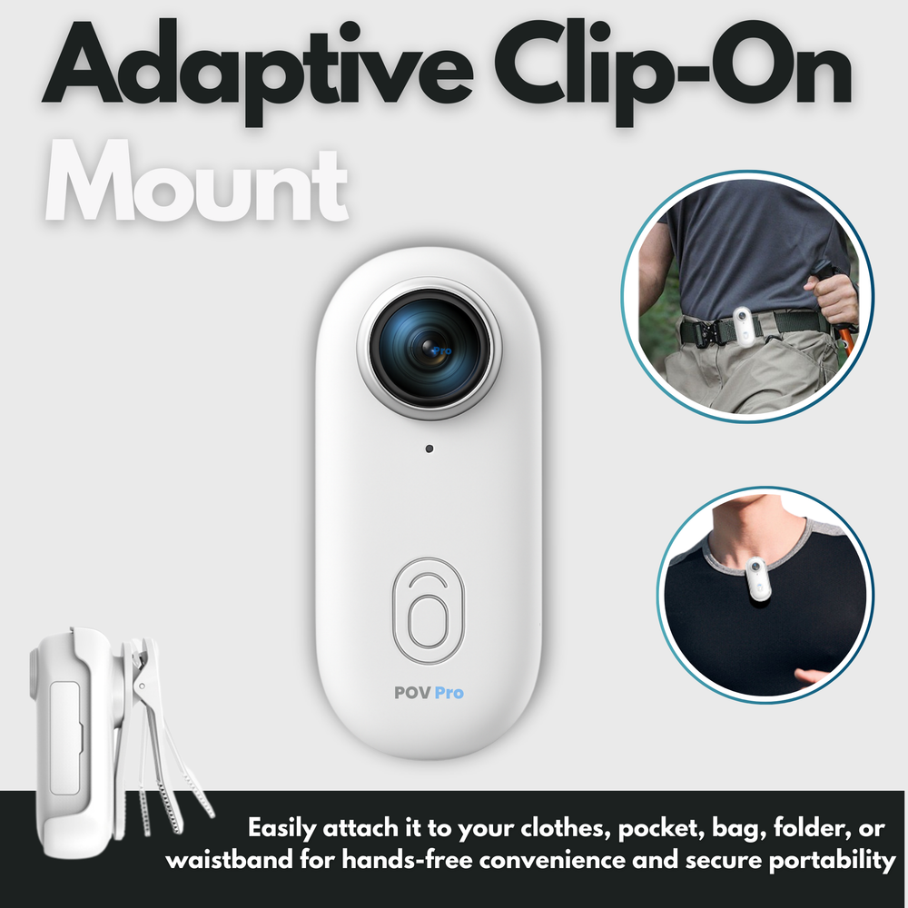 POV Pro camera clip mount illustrated on clothing and a waistband