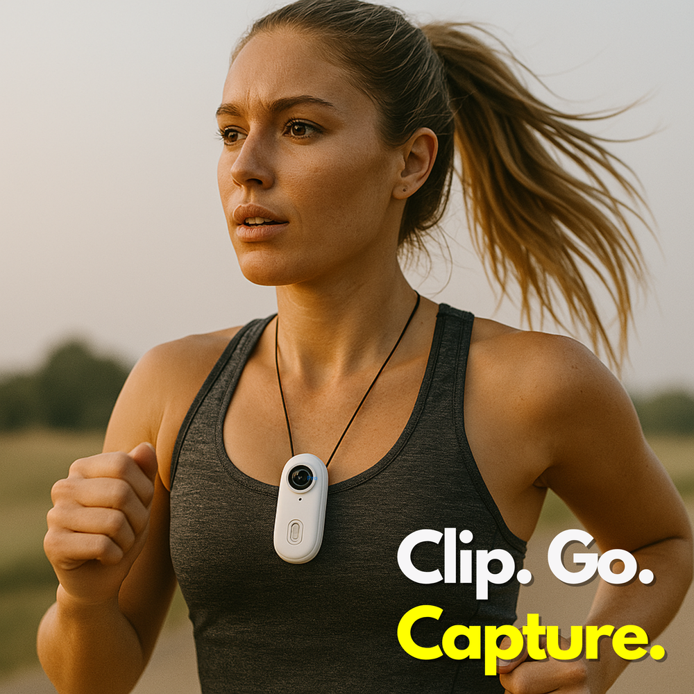 Runner wearing the white POV Pro camera at her chest for hands-free recording