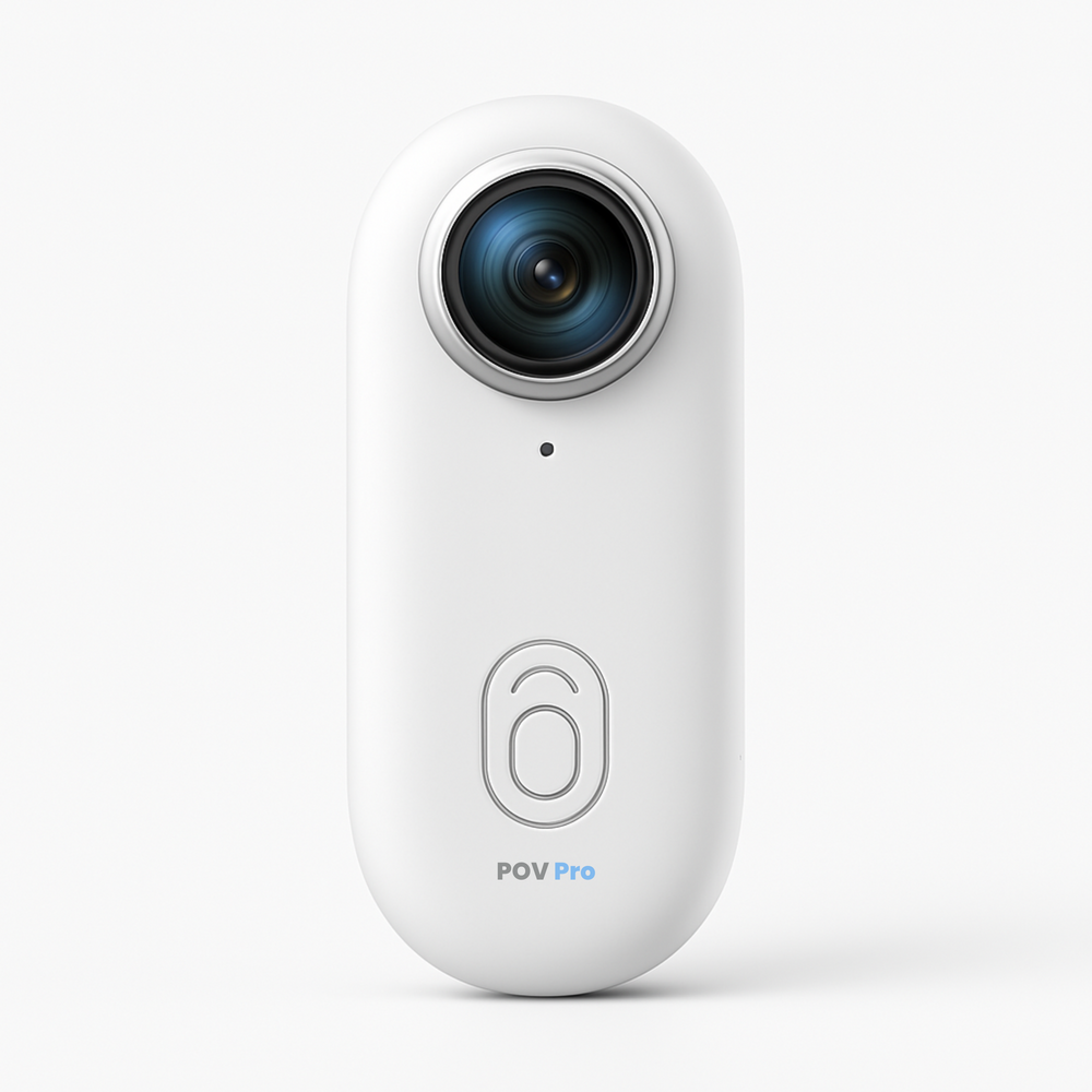 White POV Pro wearable action camera with lens and front recording button