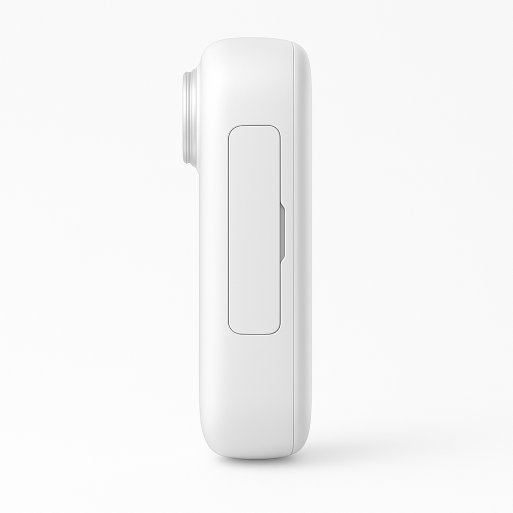 Side profile of the white POV Pro compact action camera