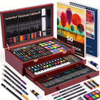 Cherry 175 piece drawing kit in a polished wooden case with mixed media supplies and two paper pads