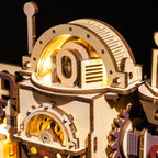 Steampunk wooden puzzle marble run with intricate chutes and mechanical factory details