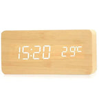 Tap-activated wooden digital alarm clock for checking the time at night without searching for display buttons