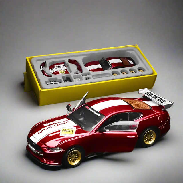 Red 1:42 Ford Mustang GT 2018 model kit with alloy metal construction and white racing stripes — Gearfinch