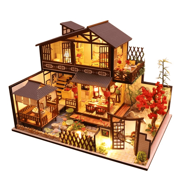 Forest habitat DIY dollhouse kit with two-story Japanese-inspired miniature rooms and garden landscaping — Gearfinch