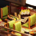 Wood miniature restaurant kit with built-in LED lighting for a warm display scene