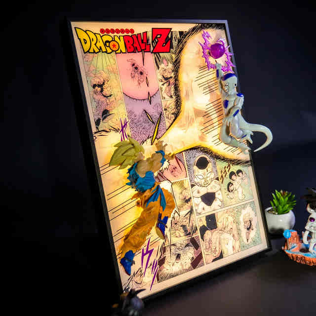 Goku vs Frieza LED frame with layered 3D figures and an illuminated manga panel backdrop for anime gaming room decor — Gearfinch