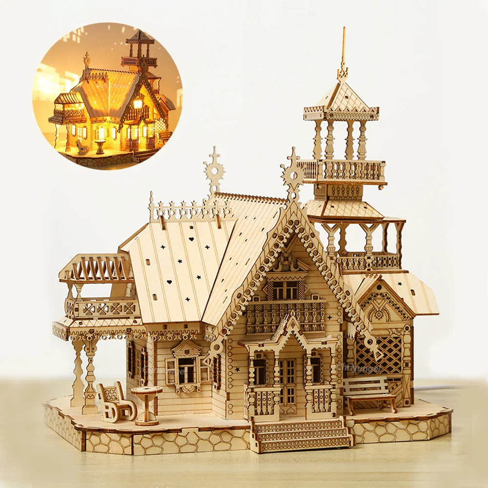 DIY Villa 3D Wooden Model Kit with Light Castle Puzzles Assembly Desk
