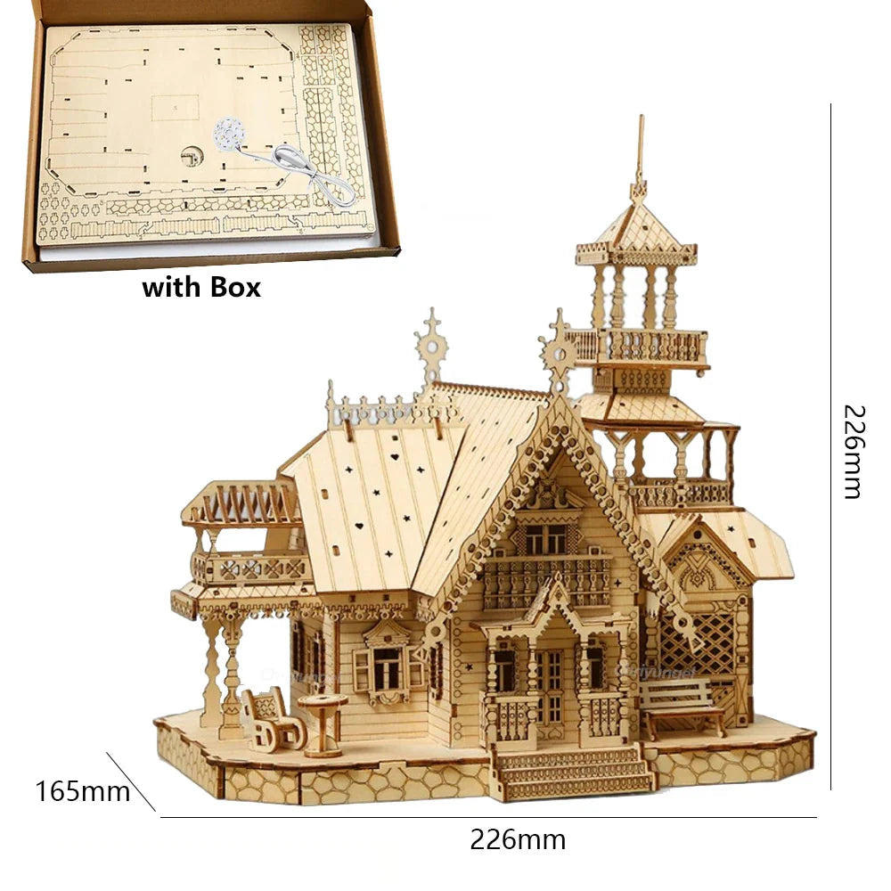 DIY Villa 3D Wooden Model Kit with Light Castle Puzzles Assembly Desk