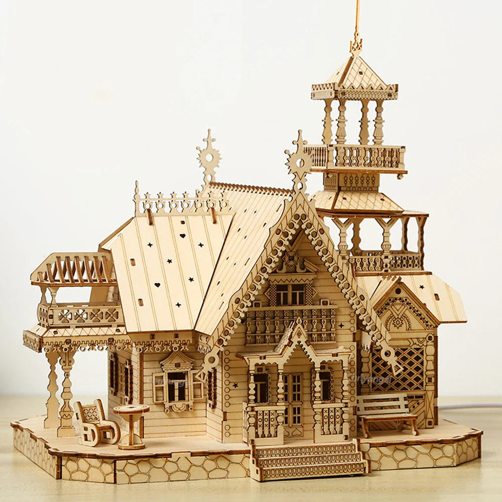 DIY Villa 3D Wooden Model Kit with Light Castle Puzzles Assembly Desk