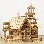 Lighted wooden villa model measuring 226 by 165 by 260 millimeters when fully assembled