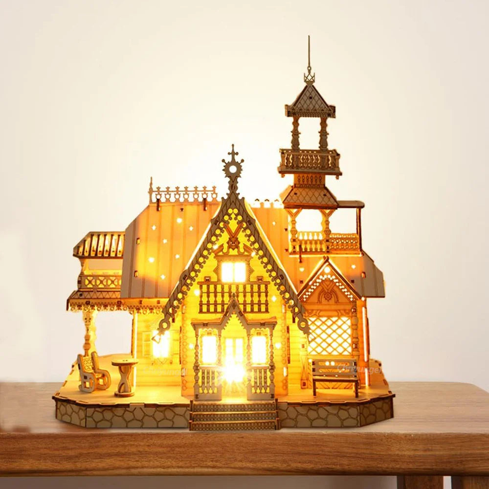 DIY Villa 3D Wooden Model Kit with Light Castle Puzzles Assembly Desk