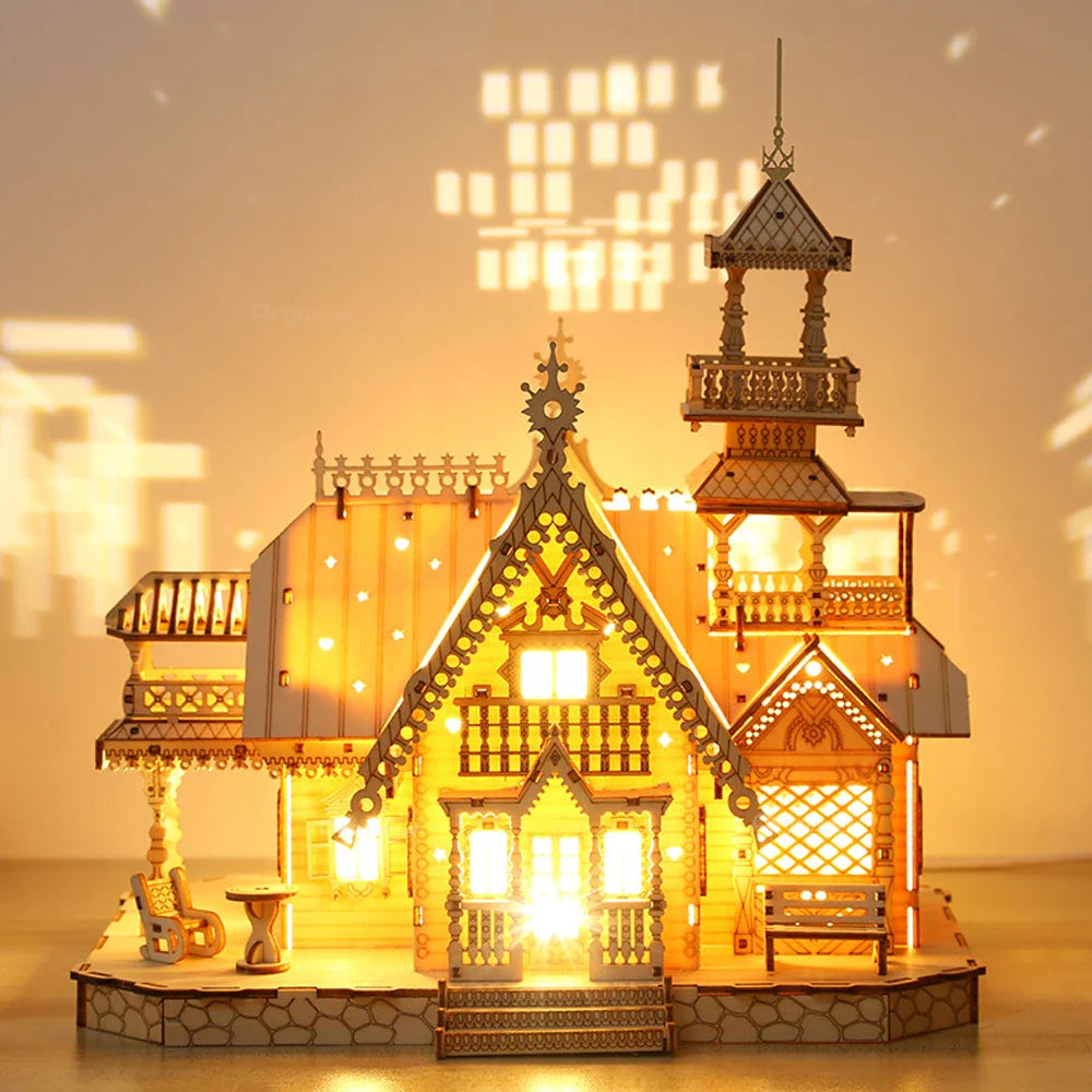 DIY Villa 3D Wooden Model Kit with Light Castle Puzzles Assembly Desk