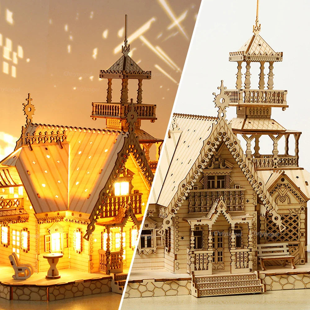 DIY Villa 3D Wooden Model Kit with Light Castle Puzzles Assembly Desk