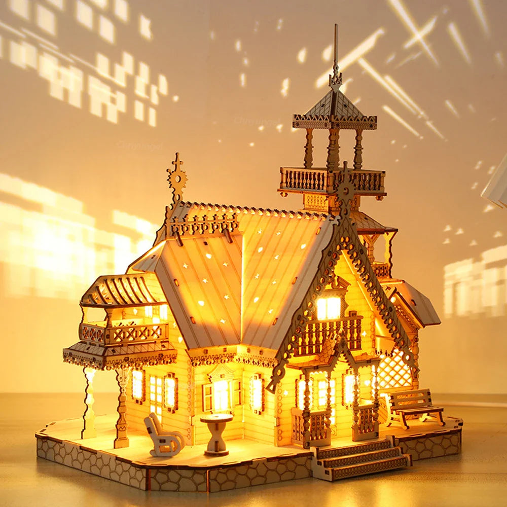 DIY Villa 3D Wooden Model Kit with Light Castle Puzzles Assembly Desk