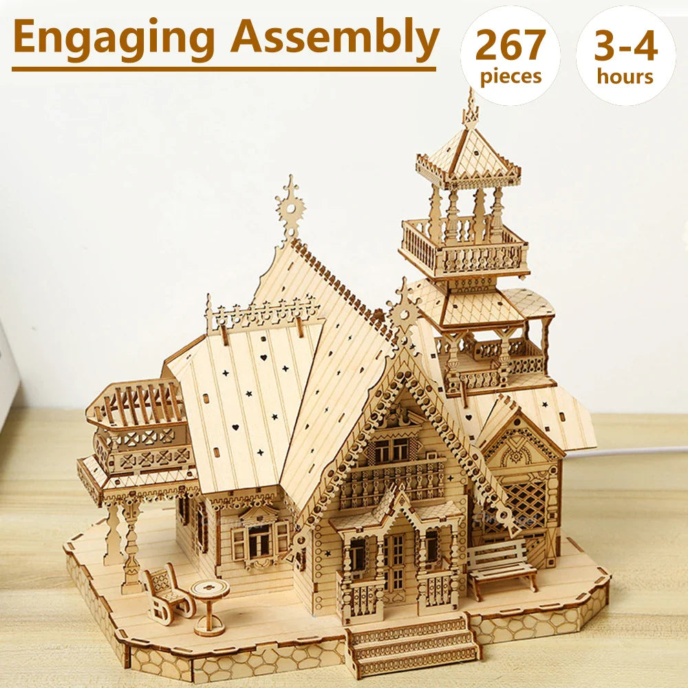 DIY Villa 3D Wooden Model Kit with Light Castle Puzzles Assembly Desk