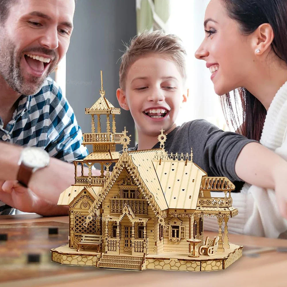 DIY Villa 3D Wooden Model Kit with Light Castle Puzzles Assembly Desk