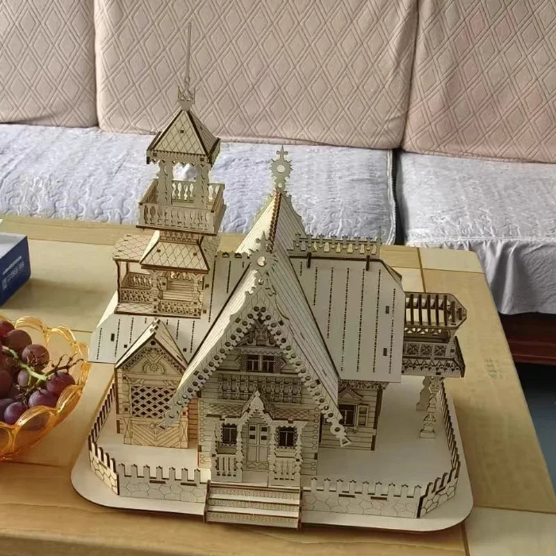 DIY Villa 3D Wooden Model Kit with Light Castle Puzzles Assembly Desk