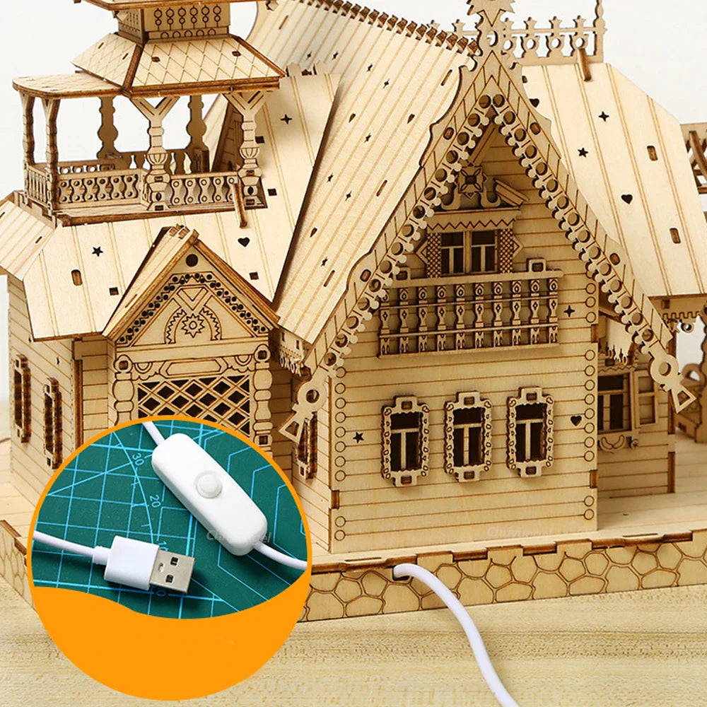 DIY Villa 3D Wooden Model Kit with Light Castle Puzzles Assembly Desk