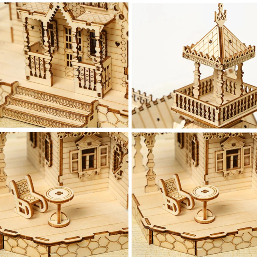 DIY Villa 3D Wooden Model Kit with Light Castle Puzzles Assembly Desk