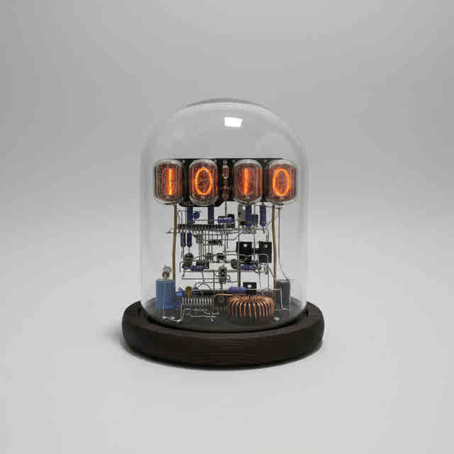 Walnut IN12 nixie tube clock kit styled as retro home office decor with orange vacuum tube glow — Gearfinch