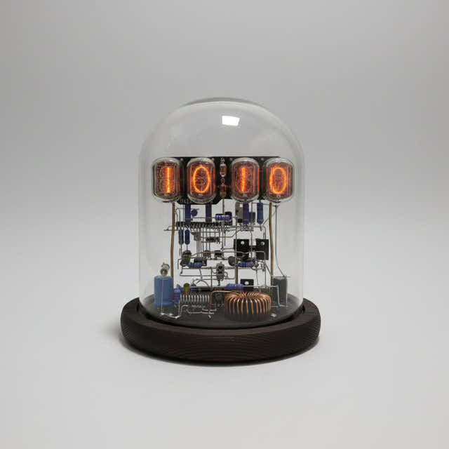 Walnut IN12 nixie tube clock kit styled as retro home office decor with orange vacuum tube glow — Gearfinch