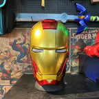 Gold Mark 46 Iron Man helmet worn on a mannequin for a full cosplay styling reference