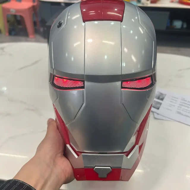 Motorized Iron Man helmet with glowing red LED eyes and wearable 1:1 cosplay design — Gearfinch