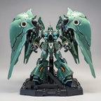 Kshatriya LED mecha model kit with lit weapon systems arranged for dynamic shelf photography