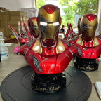 Iron Man MK50 resin statue on a stable display foundation with Iron Man branding
