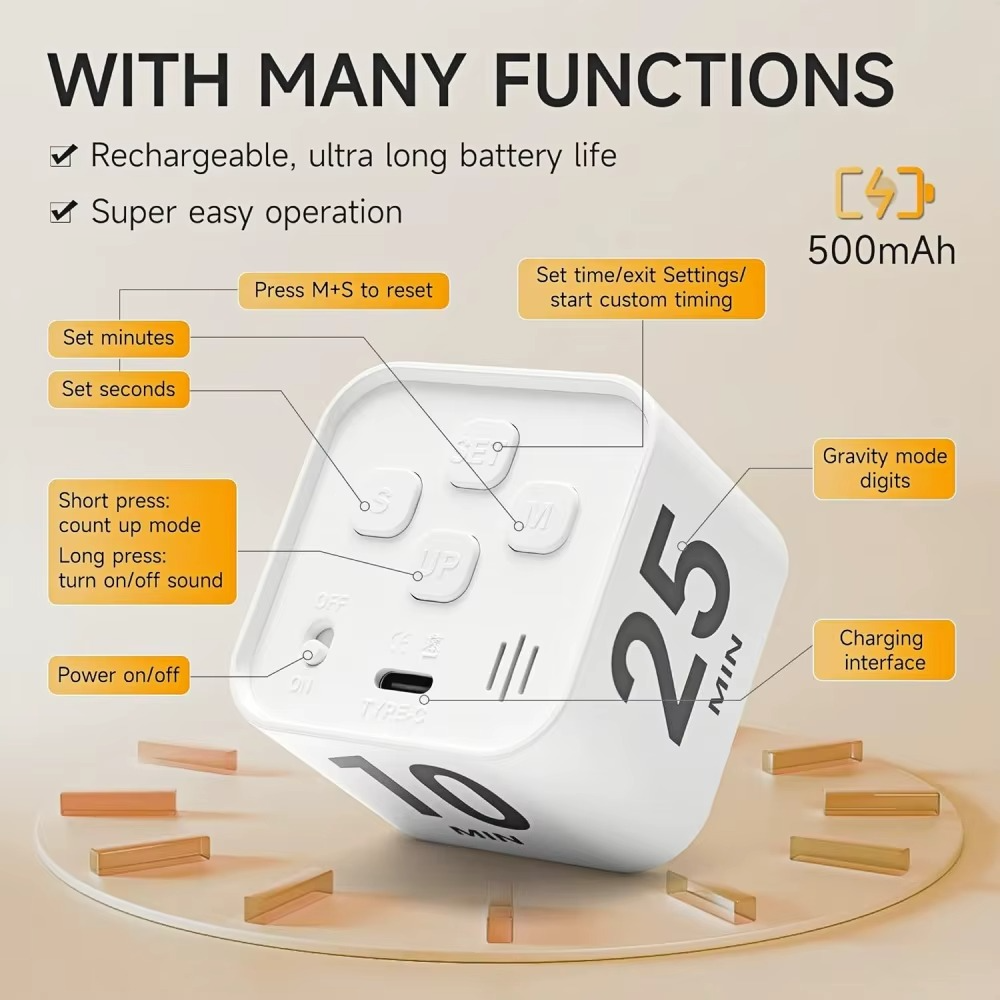 Pomodoro Timer Cube with Flip Productivity Countdown Presets