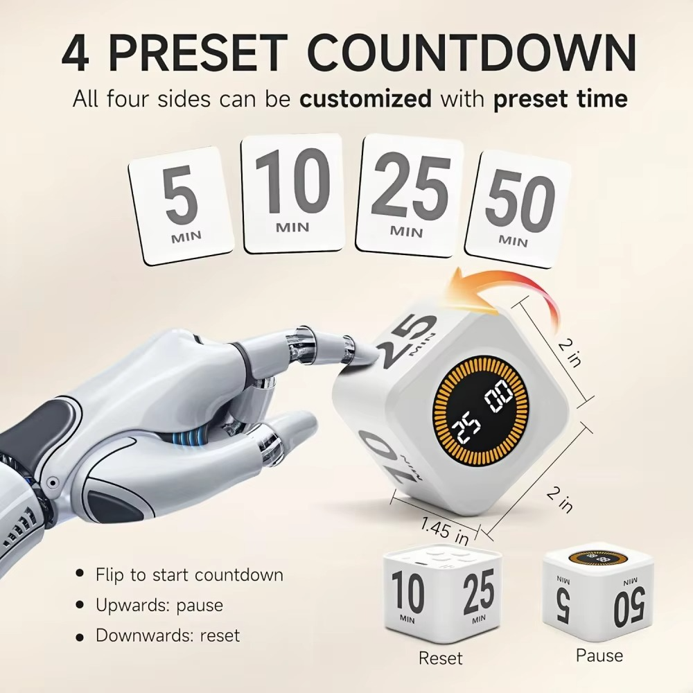 Pomodoro Timer Cube with Flip Productivity Countdown Presets